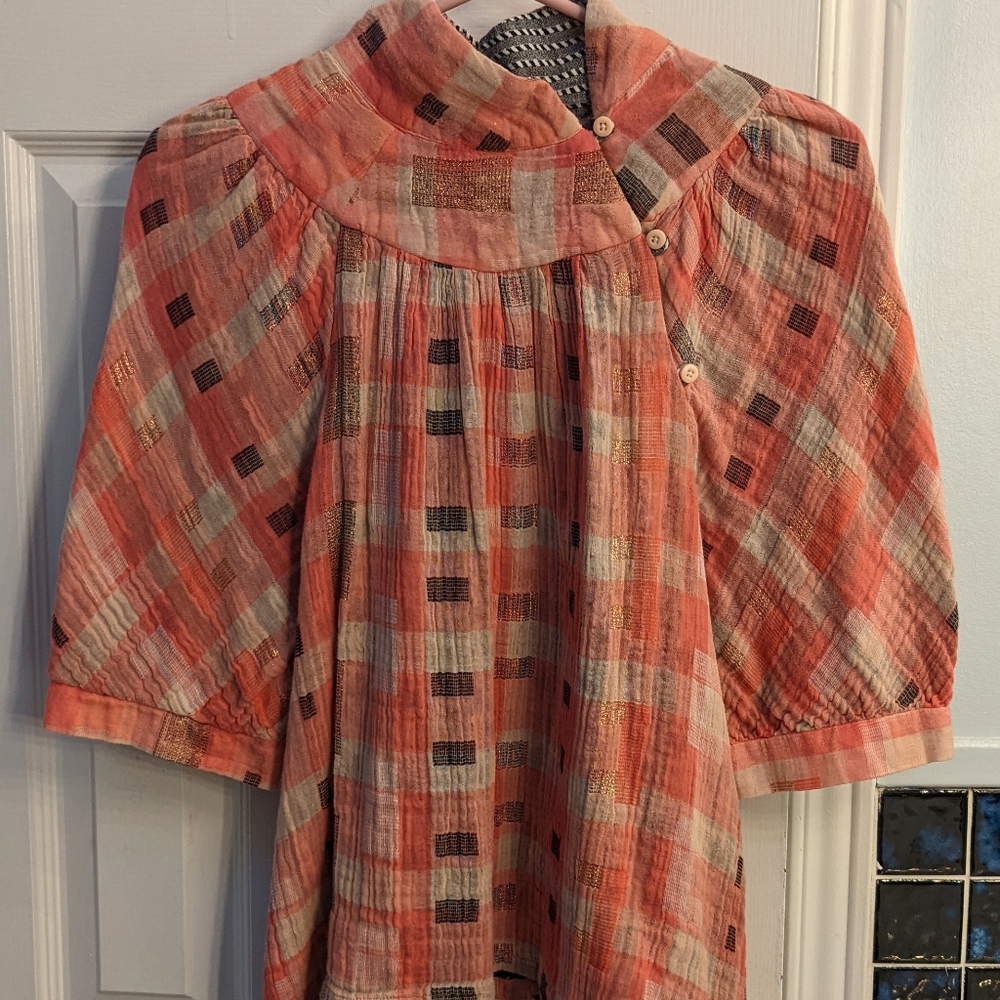 Ace & Jig Coral Plaid Cotton Peasant Blouse